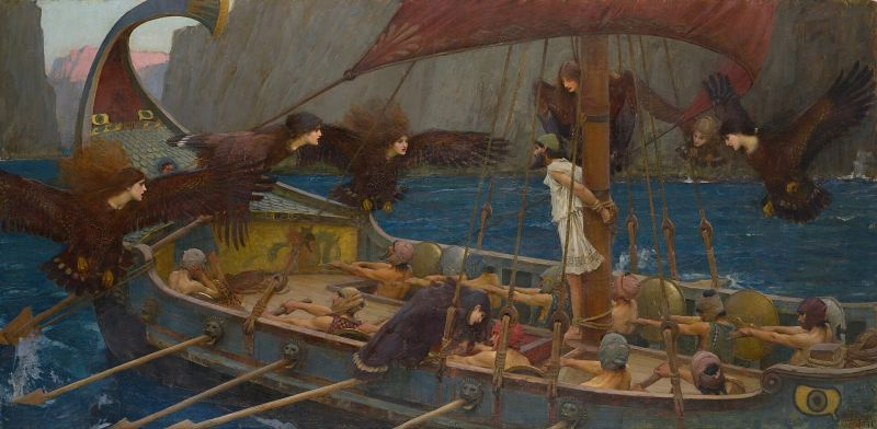 John William Waterhouse's Ulysses and the Sirens, showing Ulysses bound upright to a ship's mast while bird-bodied Sirens with women's heads surround the vessel and its rowing crew.