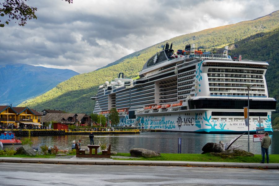 A cruise ship docked in a small fjord town